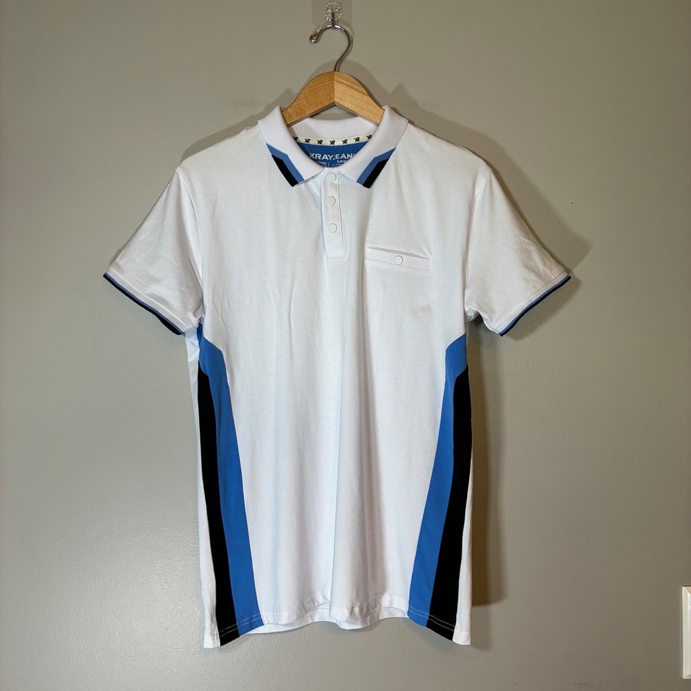 XRAY JEANS Mens Large White Blue Colorblock Stretch Cotton Short Sleeve Polo